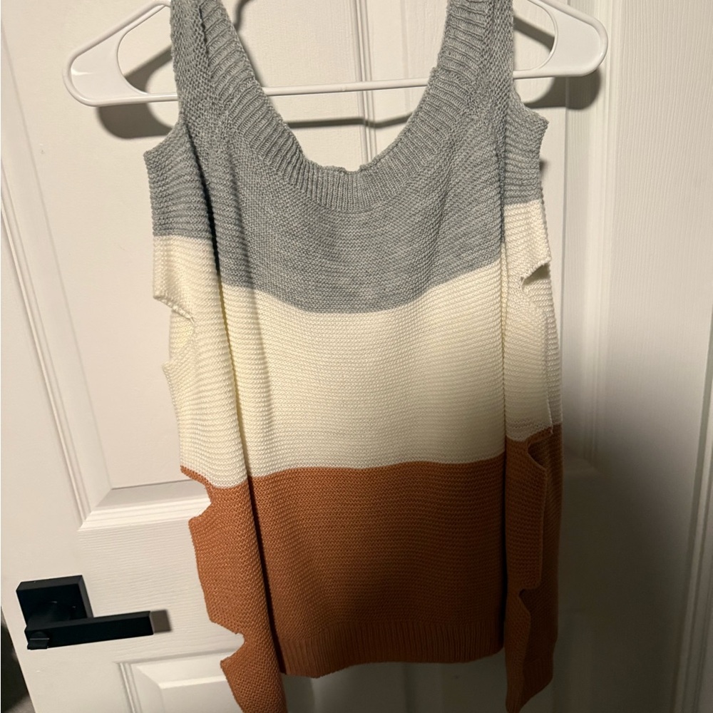 Striped Gray, White, and Tan Knit Sweater